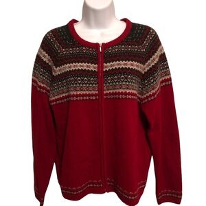 PAUL HARRIS DESIGN Women's Red Beaded Fair Isles Wool Zippered Cardigan‎ Sweater